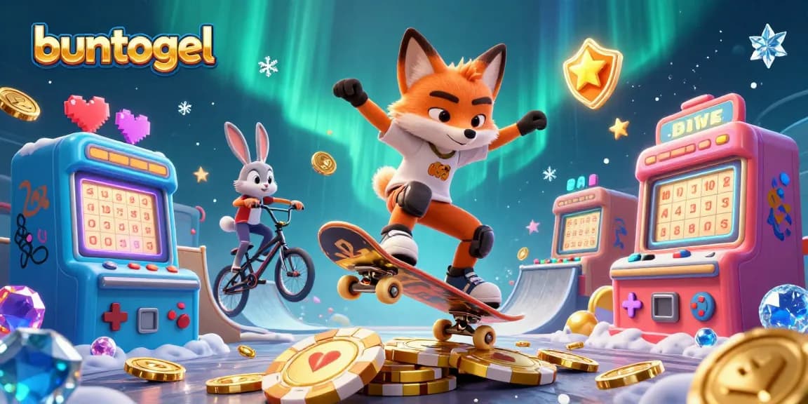 Experience the thrill of bun togel with a dynamic 3D illustration of a skateboarder fox and BMX rabbit in a vibrant lottery-themed landscape.
