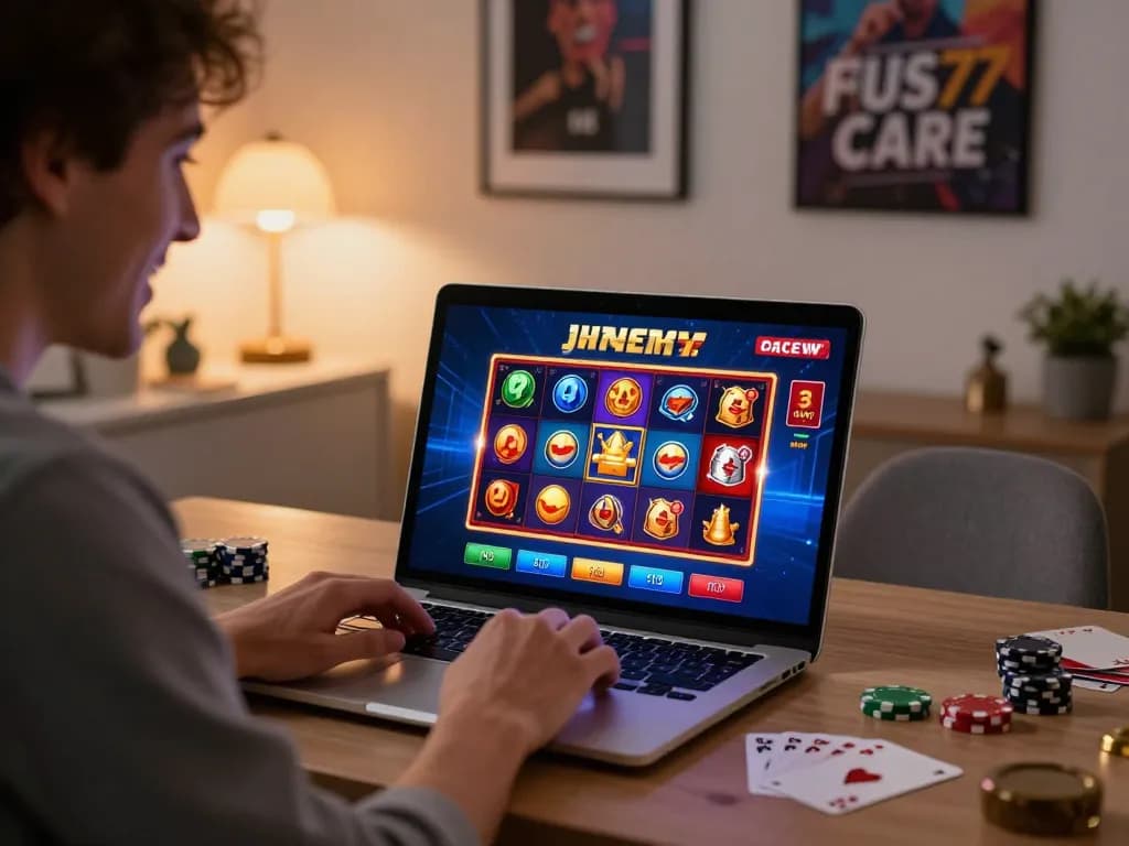 Engaging player exploring slot games on jus77 online casino platform.