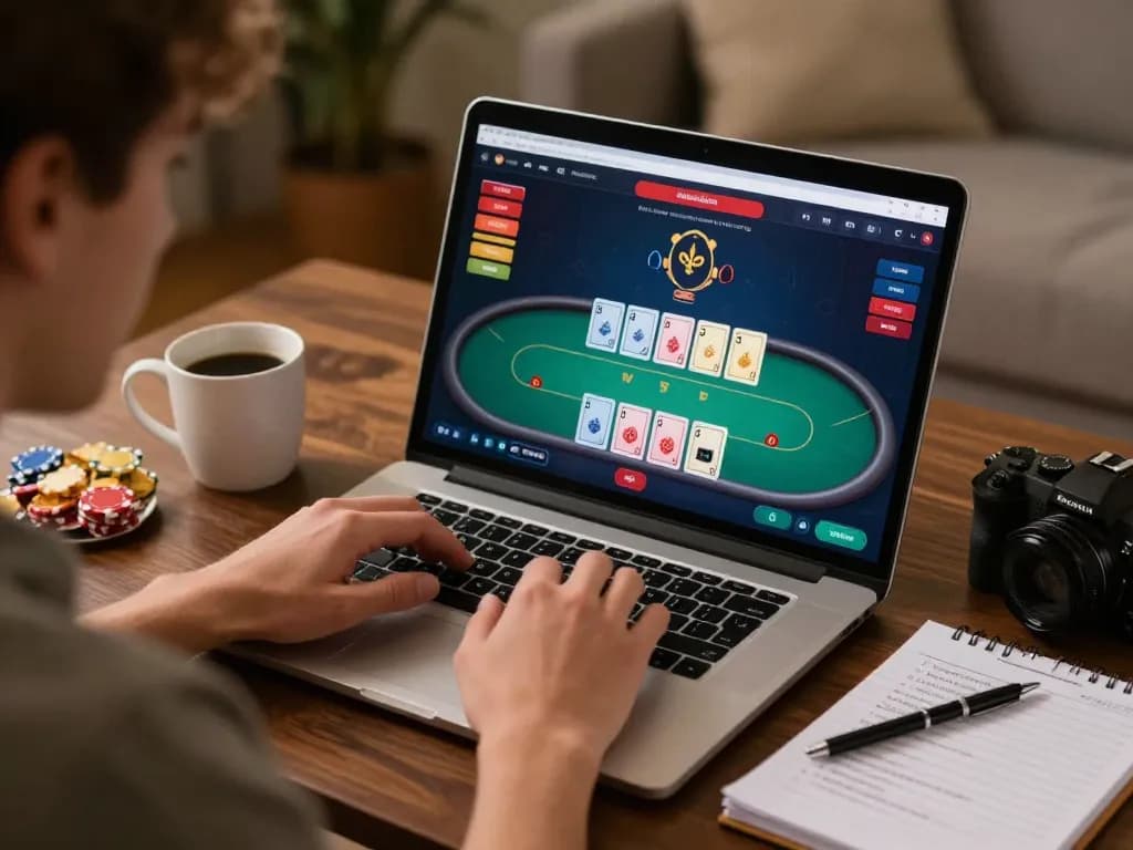 Engaging in online poker gameplay on a laptop, showcasing nagapoker strategies and interface.