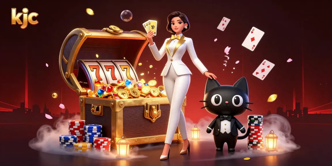 KJC player shuffling cards with a tuxedo-clad cat amidst vibrant slot machines, capturing the excitement of casino gaming.
