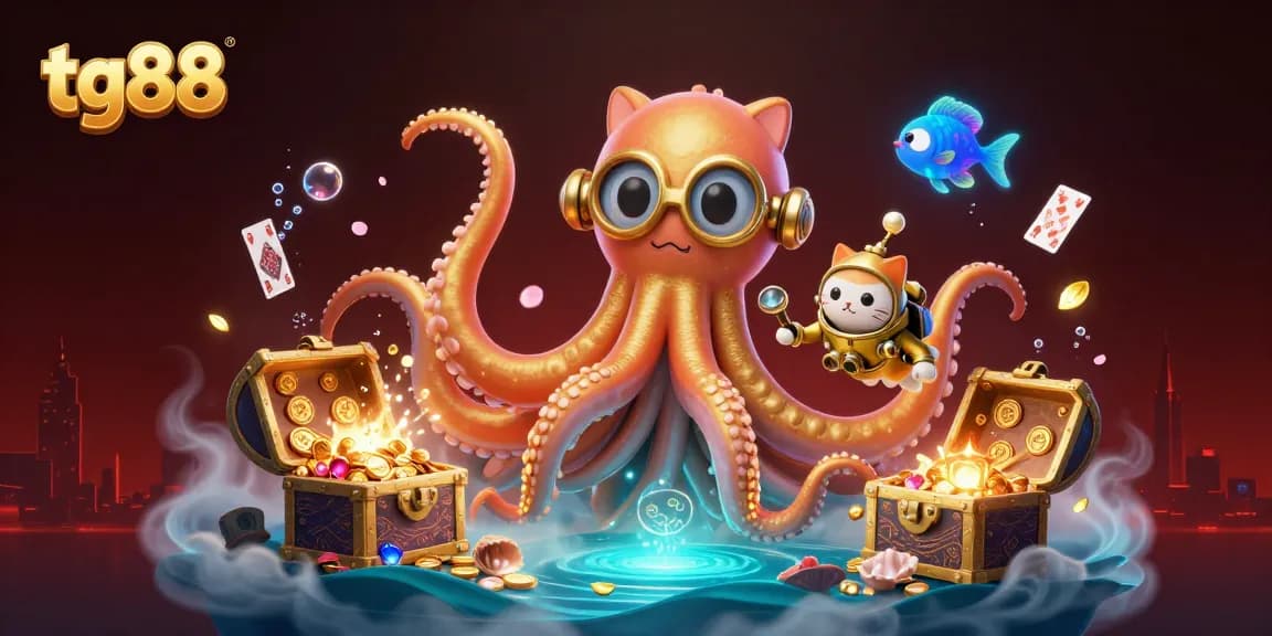 Tg88's immersive gaming experience meets thrilling ocean adventures with a spectacular kraken, diving cat, and vibrant sea life.