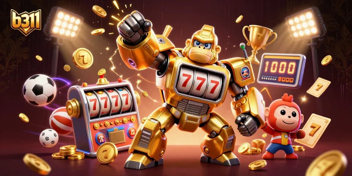 Personagem b311 vibrante jogando slots enquanto coleciona prêmios em um ambiente de cassino animado.