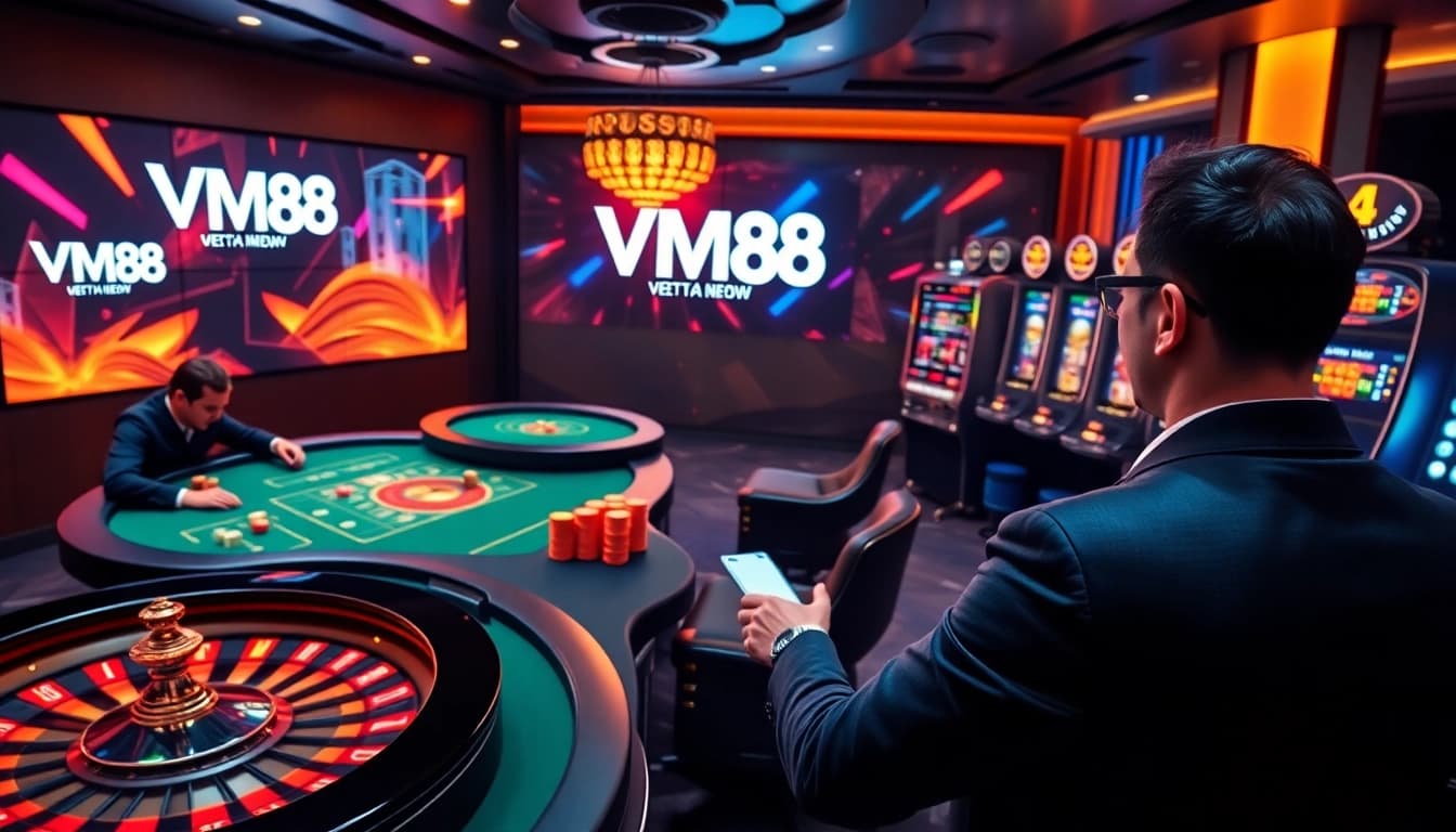 VM88 online casino interface showcasing strategic poker betting and dynamic roulette wheel in action