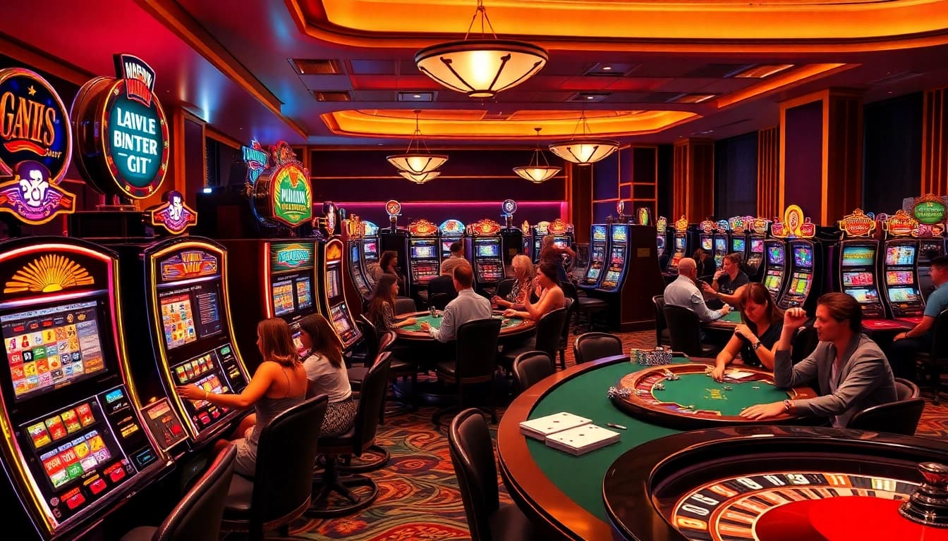Players eagerly spinning slot machines in a vibrant casino environment filled with excitement.