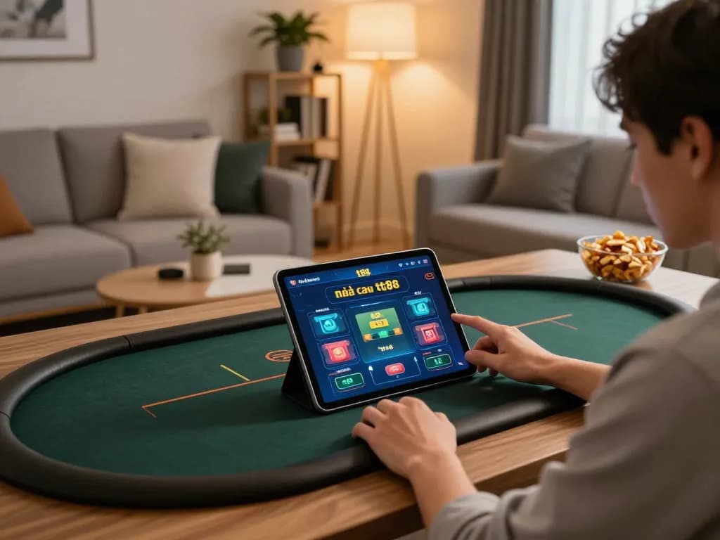 Engaging in online gaming at nhà cái tt88 from a cozy home setup with tablet and strategic notes.