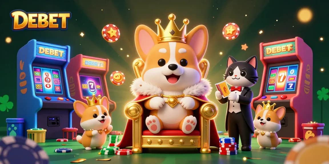 DEBET showcases a royal corgi on a throne of poker chips with arcade machines, symbolizing fun and excitement.
