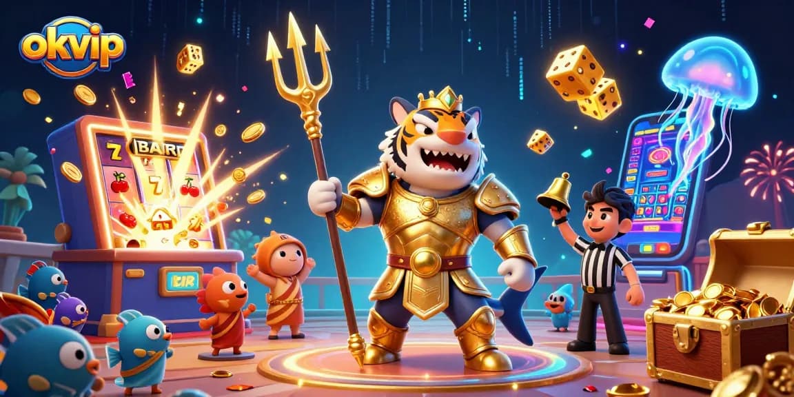 Experience thrilling gameplay at okvip with a vibrant underwater casino scene featuring an armored shark, slot machines, and dynamic elements.