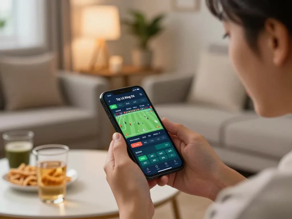 Tỷ Lệ Bóng Đá displayed on mobile device, showcasing sports betting atmosphere with relaxed home setting.