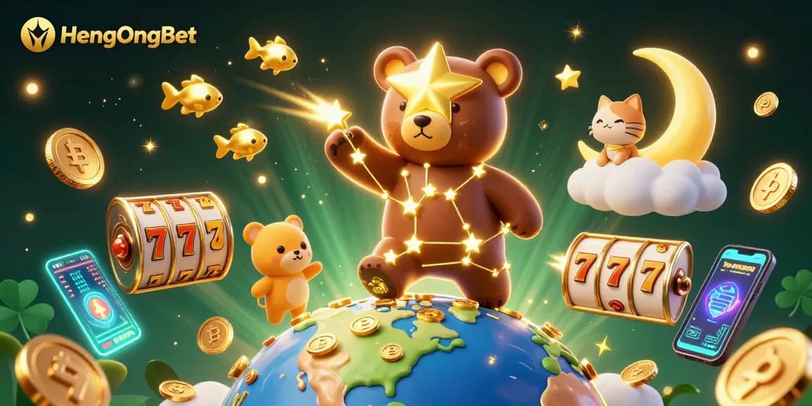 Experience engaging gaming at HengOngBet with vibrant slot reels and golden star characters.