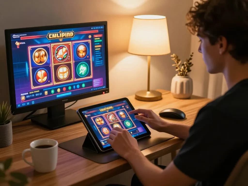ATQ showcases exciting online gaming on tablet, vibrant slots interface illuminated by warm lighting.