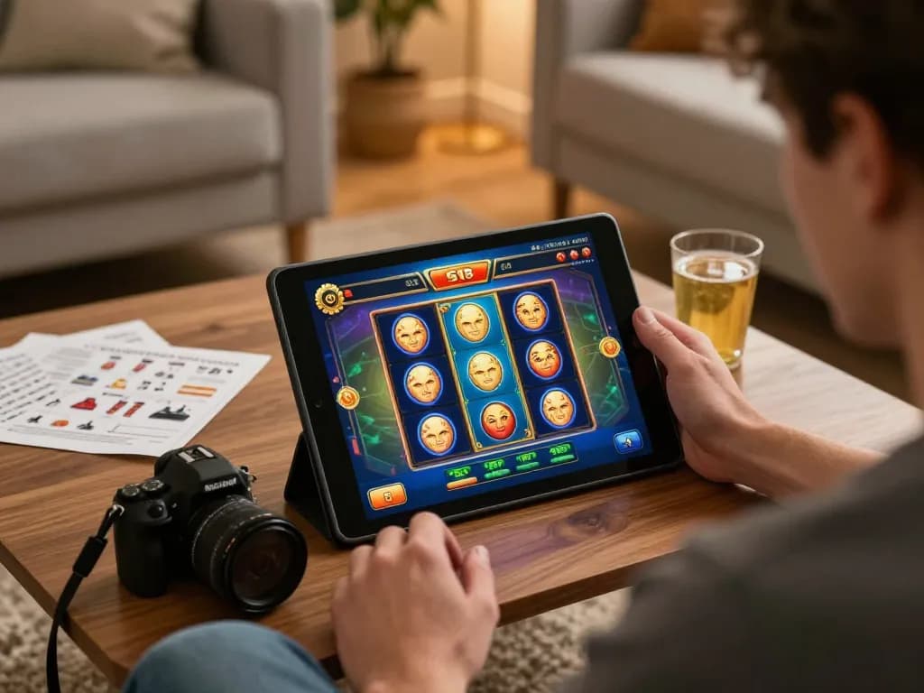 Permainan online yang menarik di slot Gsc108 dengan pengaturan rumah yang nyaman dan catatan strategi terlihat.
