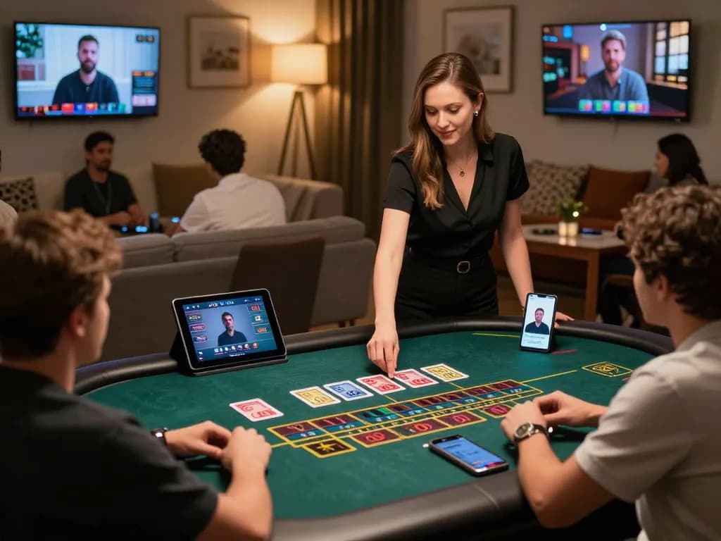 Players engaging with MM88's live dealer game on their devices, showcasing dynamic online gambling action.
