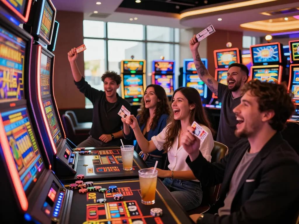 Group celebrating a substantial 23 win at a vibrant casino slot machine, capturing excitement and camaraderie.