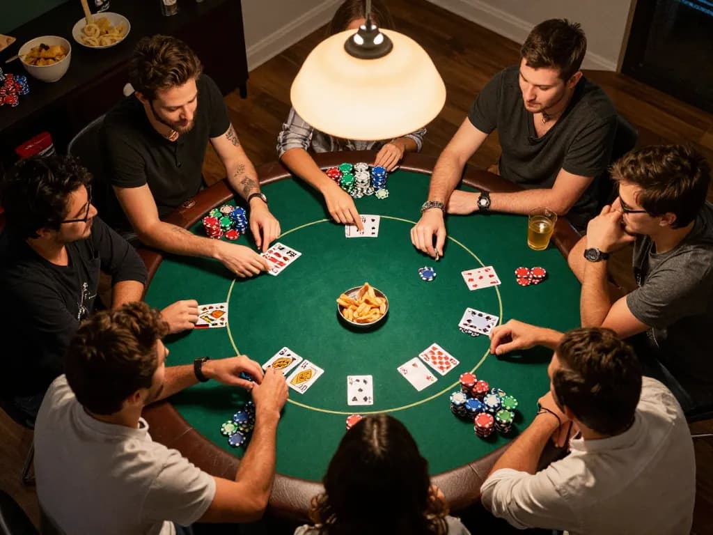 Enjoy an exciting poker night with friends on kdslot, featuring vibrant chips, drinks, and competitive gameplay.
