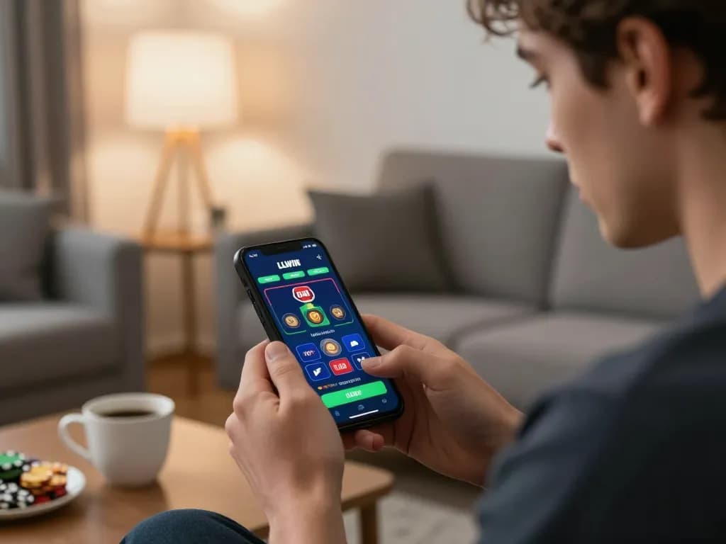 Engaging gameplay on mobile app llwin in the cozy living room, showcasing digital betting excitement