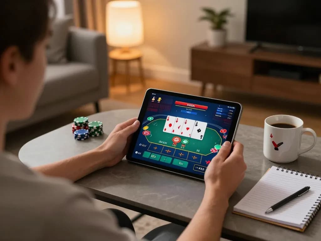 Player engaging in strategic poker on Sunwin app at home with cozy ambiance