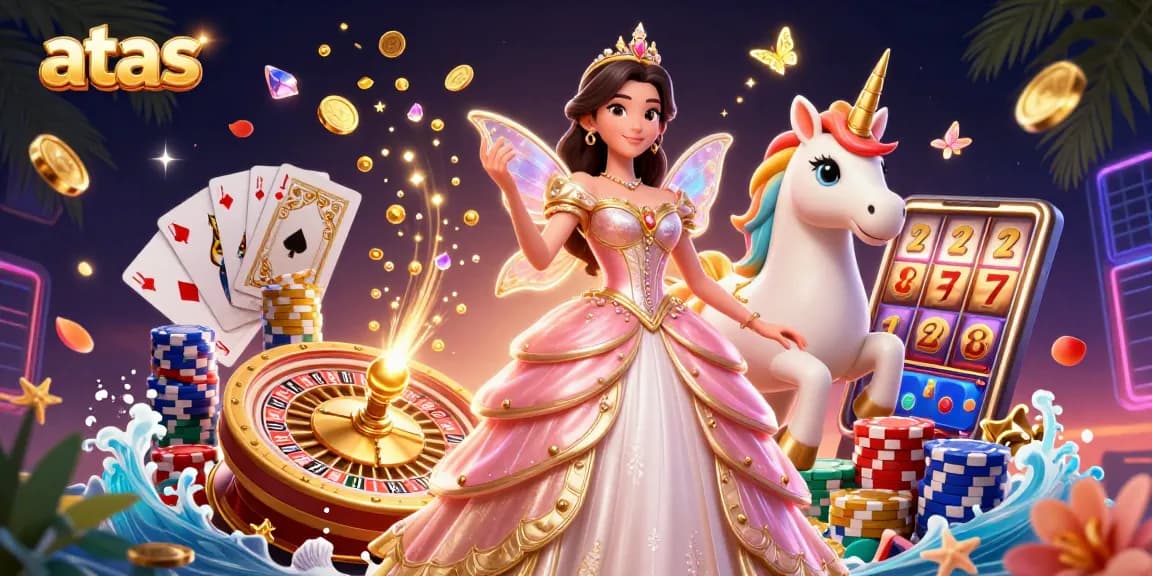 Spin the wheel at atas casino, featuring a glamorous Asian woman and golden unicorn in a vibrant gaming scene.