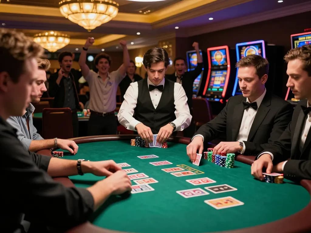 Players at a blackjack table in mb66ac celebrate their wins in a luxury casino environment