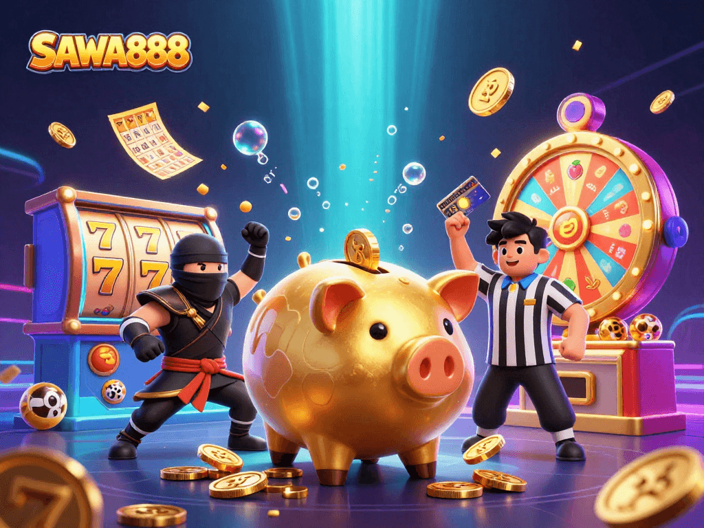 Experience the thrilling action of SAWA888 with a golden piggy bank wrestler and vibrant slot elements.