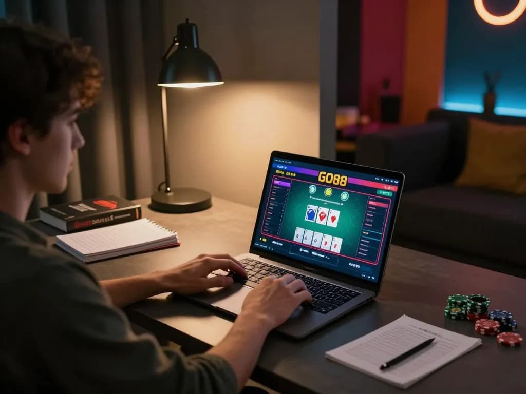Engaging user playing GO88 online poker game on a laptop with strategy notes visible