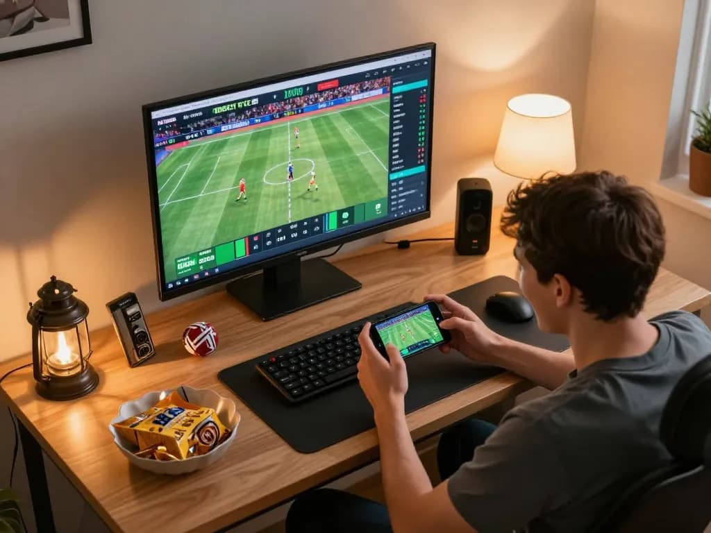 Player engaging in mobile sports betting on smartphone while describing five88 com in a cozy setup.
