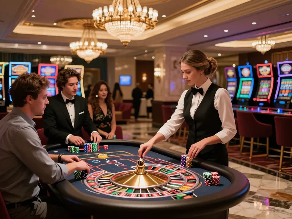 Engaging players betting at a roulette table at HIT CLUB in an upscale casino.