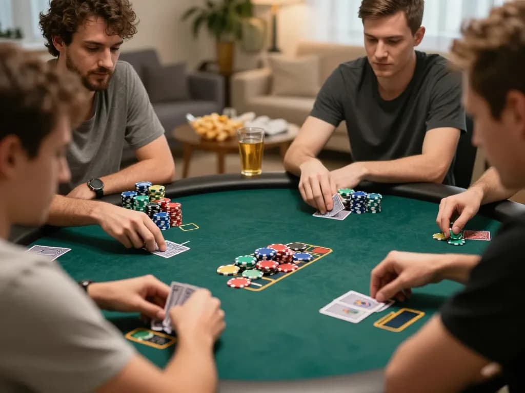 King33 players engaging in strategic poker game with chips and cards illuminated warmly