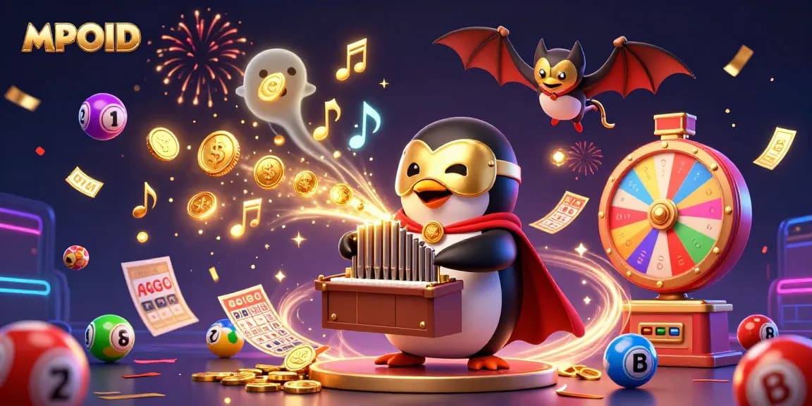 Engage with MPOID's exciting gaming experience featuring animated characters and vibrant lottery elements.