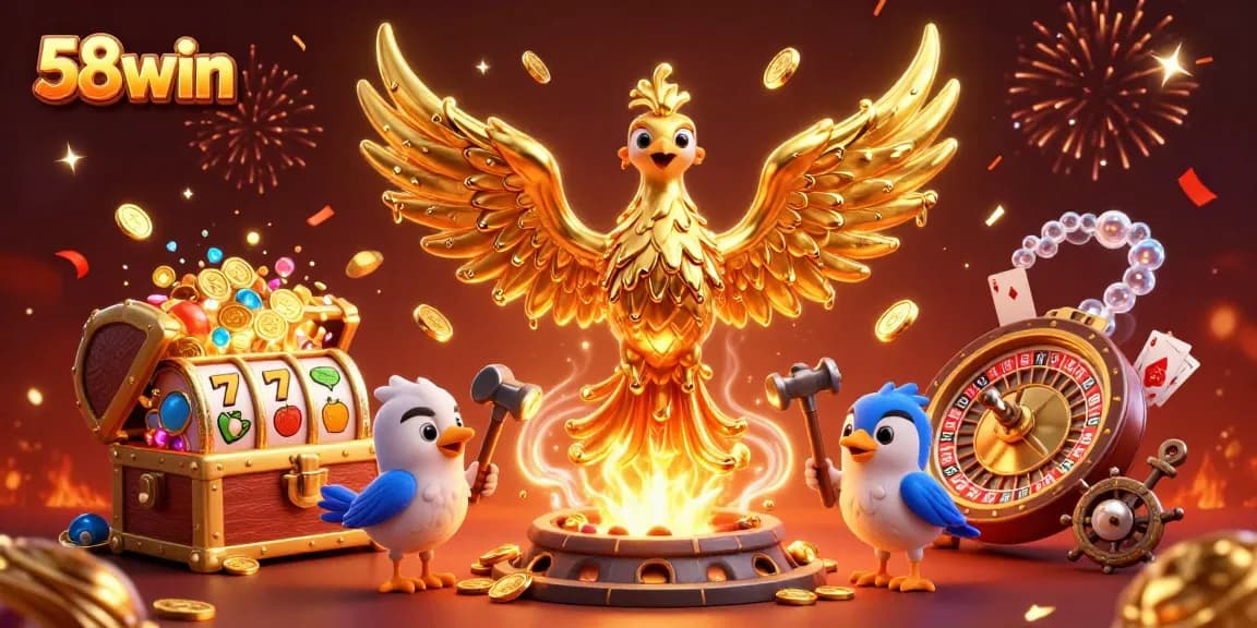 Experience the thrill of 58win with a vibrant phoenix and golden gaming elements.