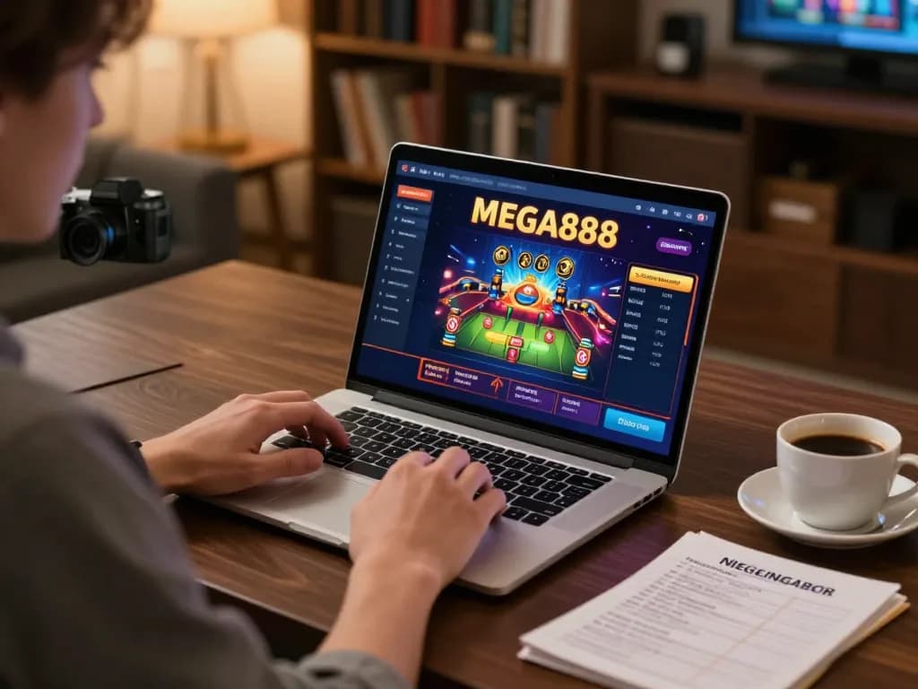 Engaging with MEGA888 gaming interface on a laptop in a cozy setting