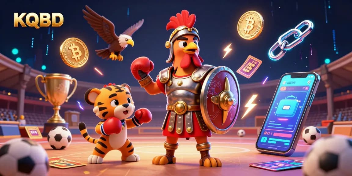 KQBD showcases sports betting excitement with a dynamic 3D scene featuring a gladiator rooster, tiger cub, and eagle.