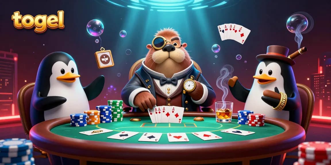 Togel players enjoy a lively poker game, featuring a walrus, penguin dealer, and bluffing pufferfish.