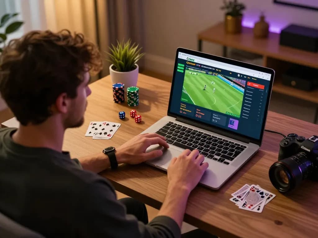 Engaging with Crickex online casino platform during live betting session, showcasing warm home atmosphere.