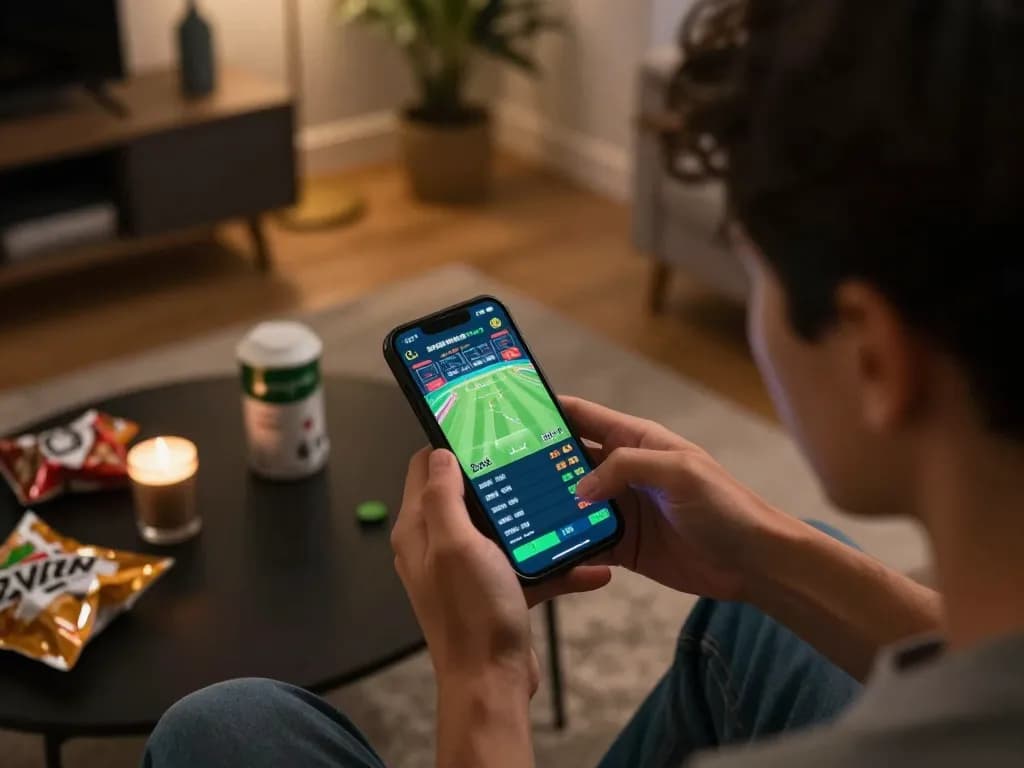 PHTAYA player engaging in live cricket betting on smartphone, showcasing real-time odds in stylish setting