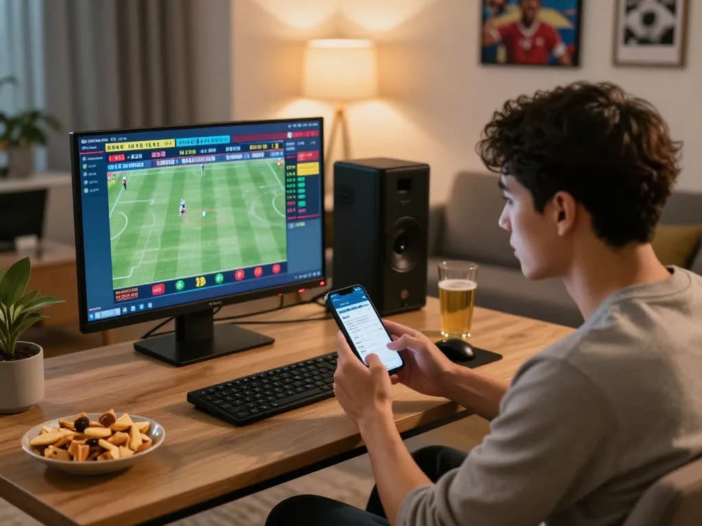 Engaged player using the 92slot app for live sports betting while watching the game