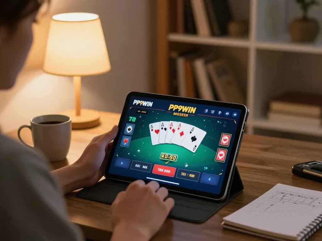 Engaging with PP9WIN platform on tablet within a cozy living room, showcasing poker gameplay.