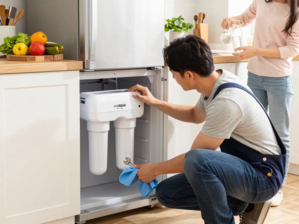 Installing EcoAqua WF1CB Refrigerator water Filter in a bright kitchen for clean water.