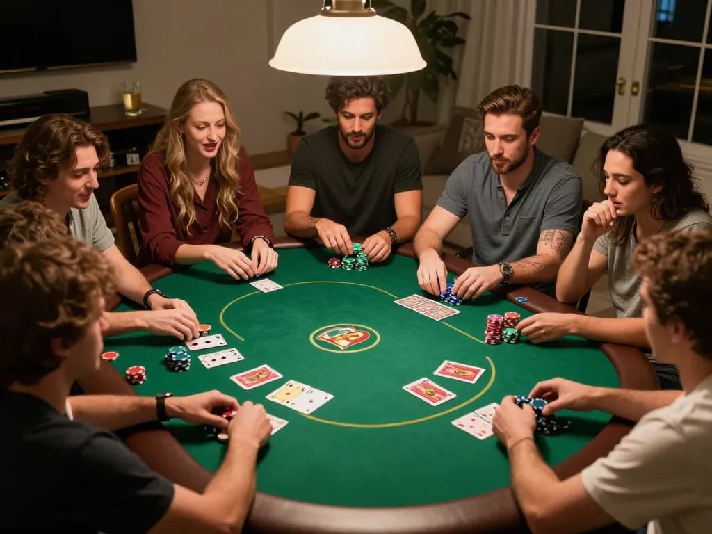 A group of friends playing poker at home, enjoying a 32win gaming experience with chips and excitement around the table