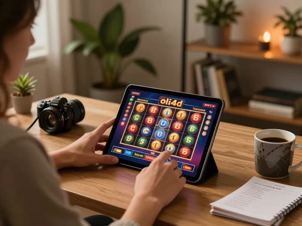Playing the oli4d slot game on a tablet at home in a cozy setting, with strategy notes visible.
