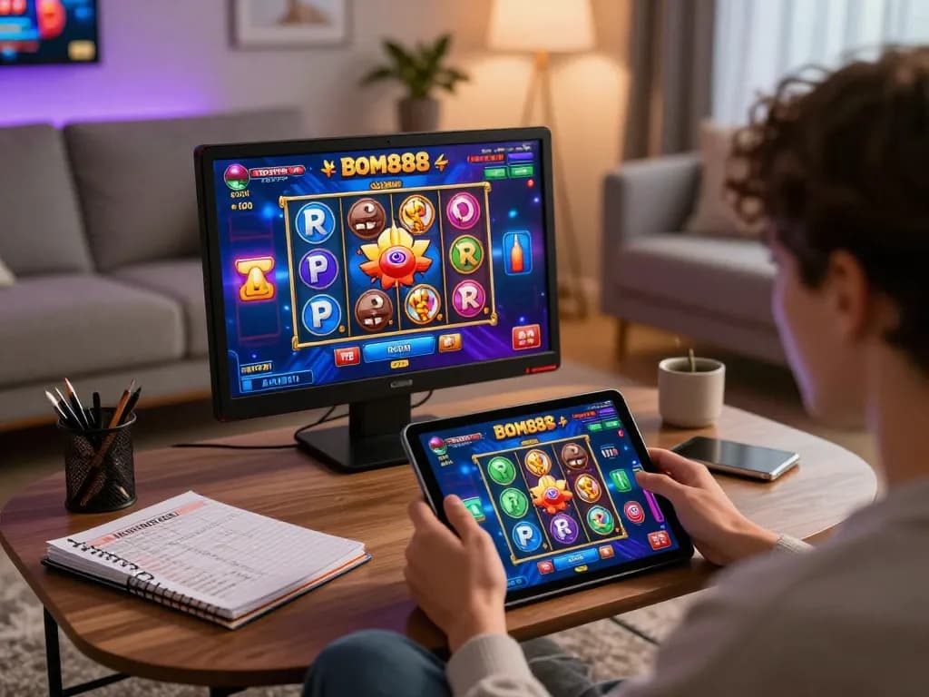 BOM88 user enjoying a thrilling slot game on tablet with vibrant graphics in a cozy home setting