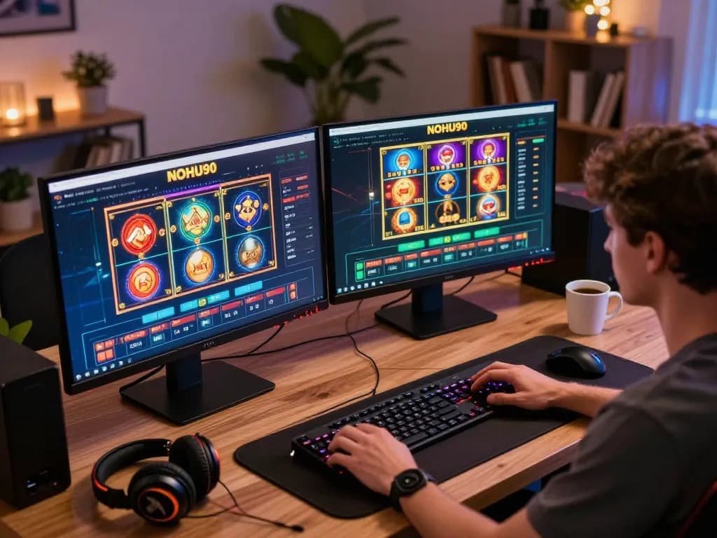 Engaging player at NOHU90 online casino enjoying slot games and live dealers in a modern home setting