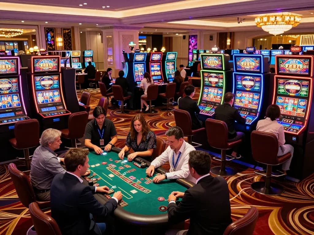 Players engaging in thrilling blackjack game at MM88 casino's luxurious table, vibrant atmosphere.