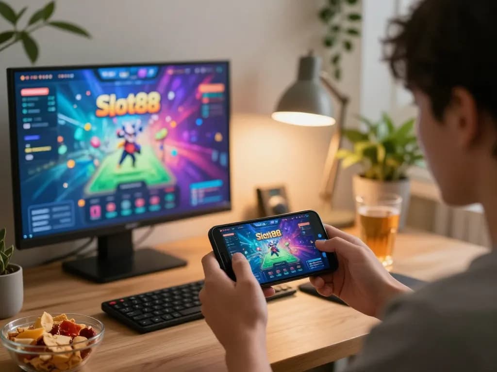 Engaging Slot88 mobile gaming experience at home with cozy atmosphere and snacks