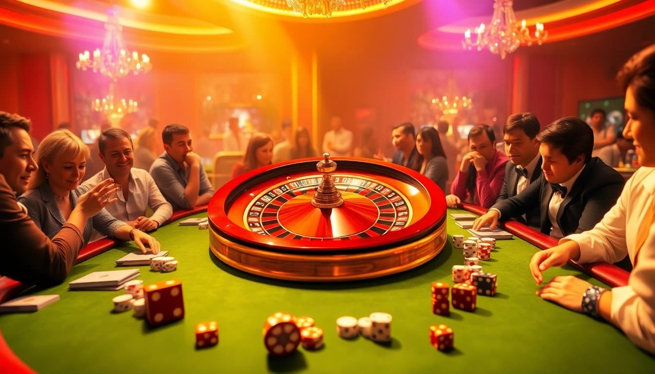 GK88 online casino action featuring players at a luxurious roulette table and slot machines.
