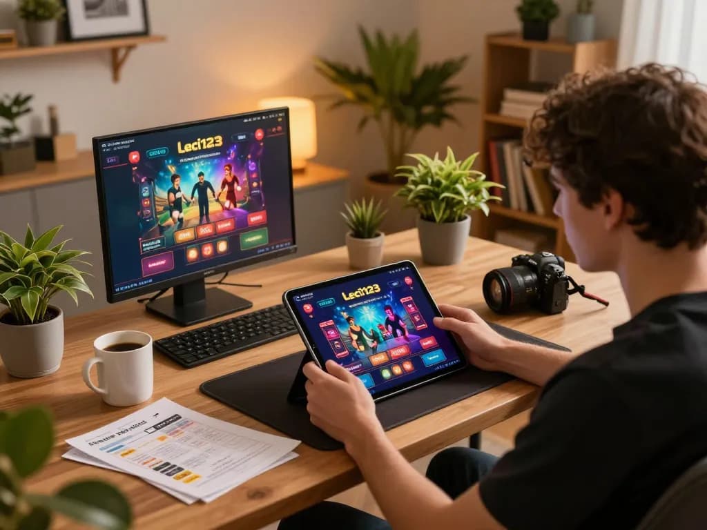 Leci123 player engaged in strategic gameplay using a tablet at home, showcasing a cozy online gaming setup.