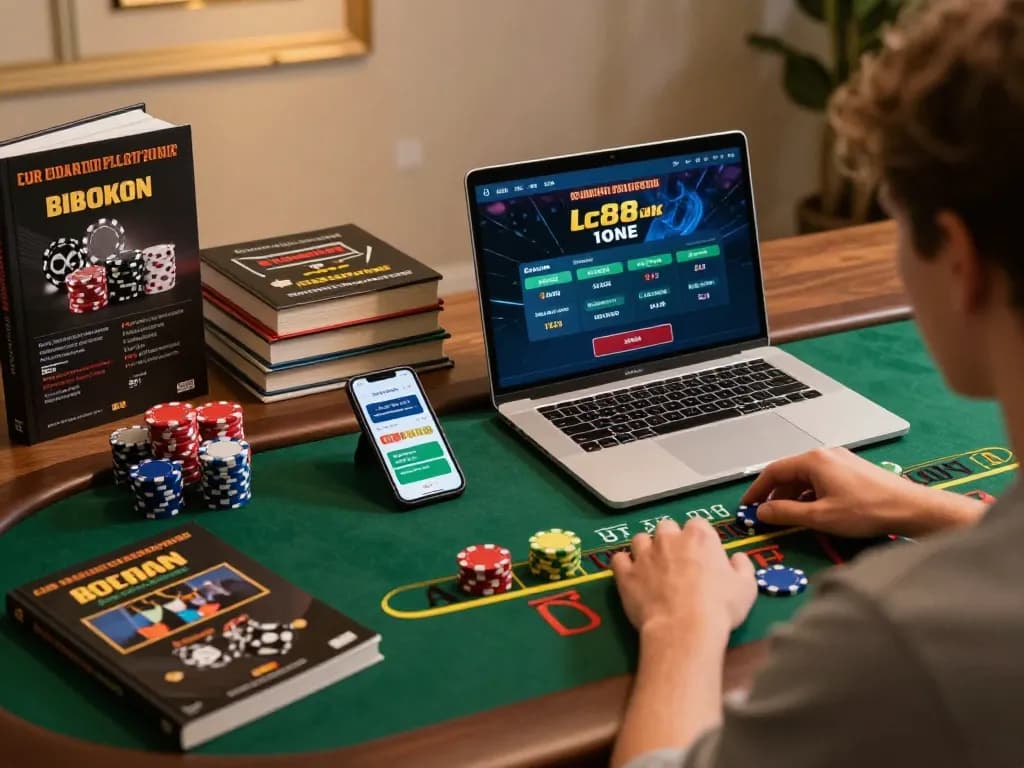 The user enjoys strategic play on Lc88 poker table with vibrant room lighting and gaming accessories.