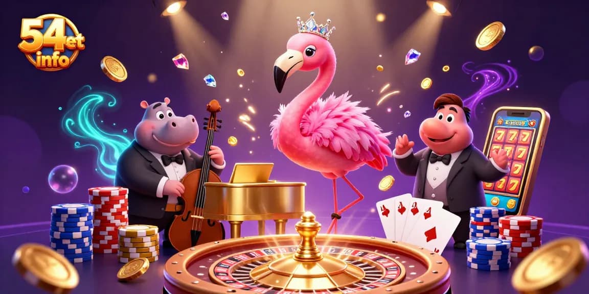 Experience the thrill of 54bet info with lively casino characters amidst golden coins and gems.