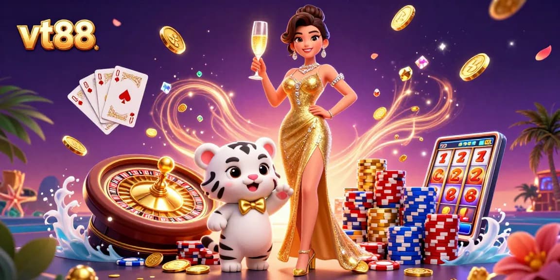 Experience excitement with vt88's online gaming adventures featuring a glamorous woman and a lucky tiger.