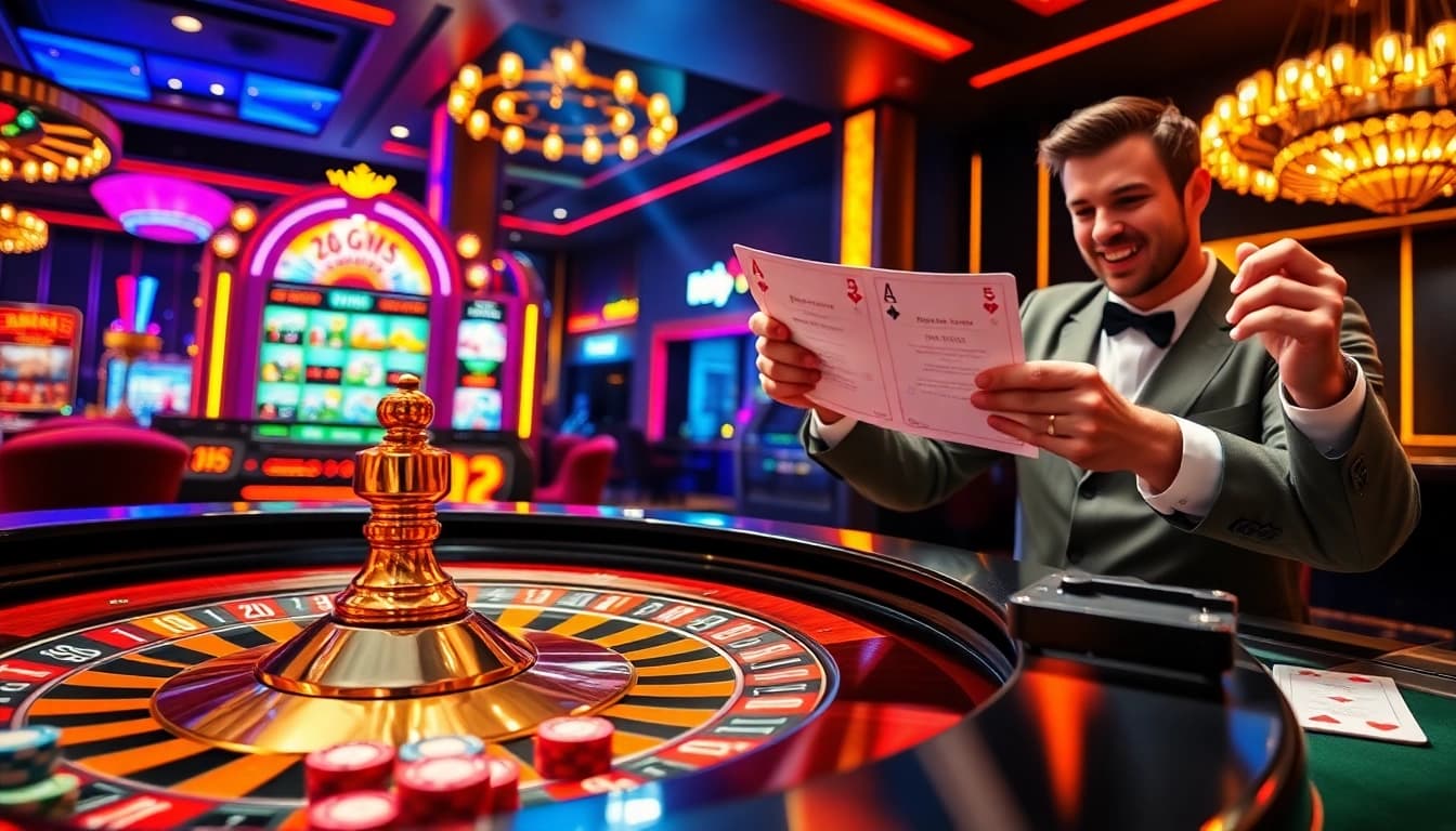 A captivating scene illustrating the thrill of gambling at 33win with vibrant casino tables and excited players.