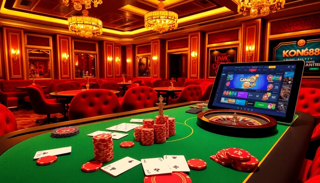 KONG88 casino scene showcasing an elegant poker table and vibrant roulette wheel, capturing the excitement of gambling.